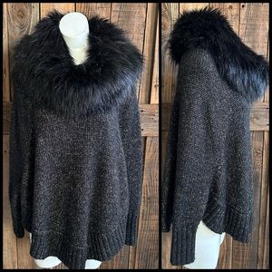 Michael Kors Black and Gold Glitter Fur Collar Sweater